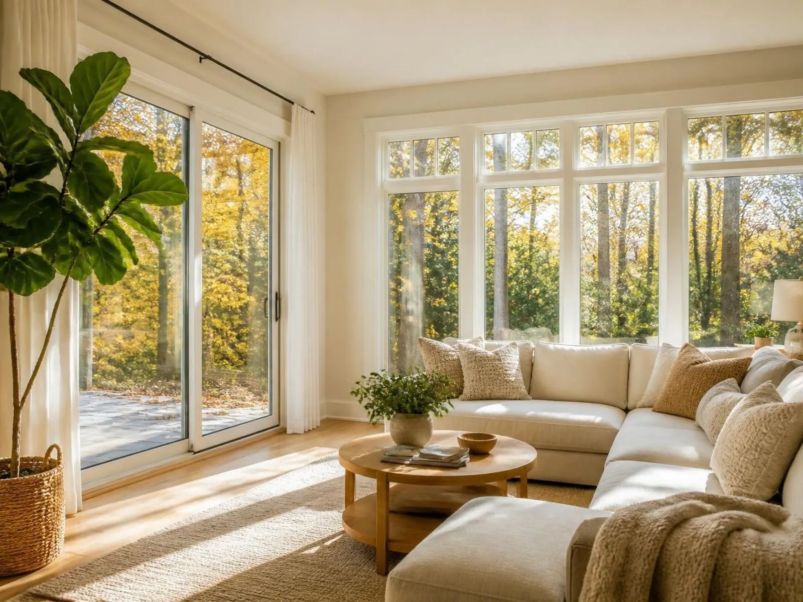 Living room with new sliding glass doors in Rochester NY